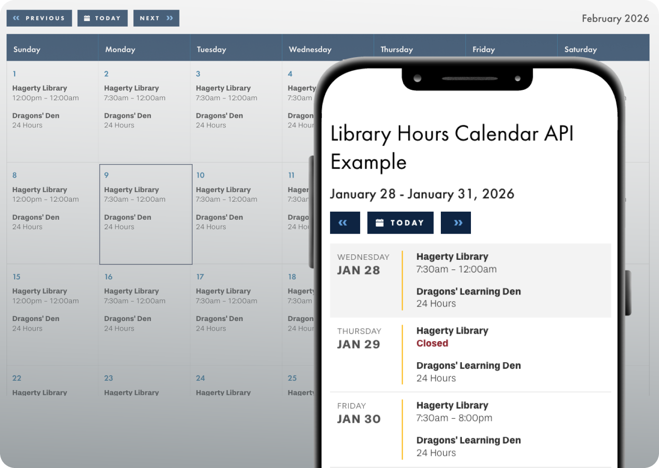 University Library Hours Component — desktop calendar and mobile list views